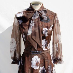 1970s Brown Floral Pussybow Dress With Ruffled Hem